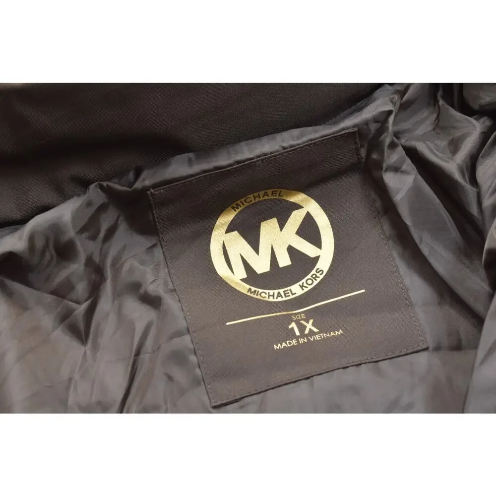 MICHAEL KORS Women 1X Brown Quilted Puffer Jacket Faux Fur Trim Hood Mid-Length